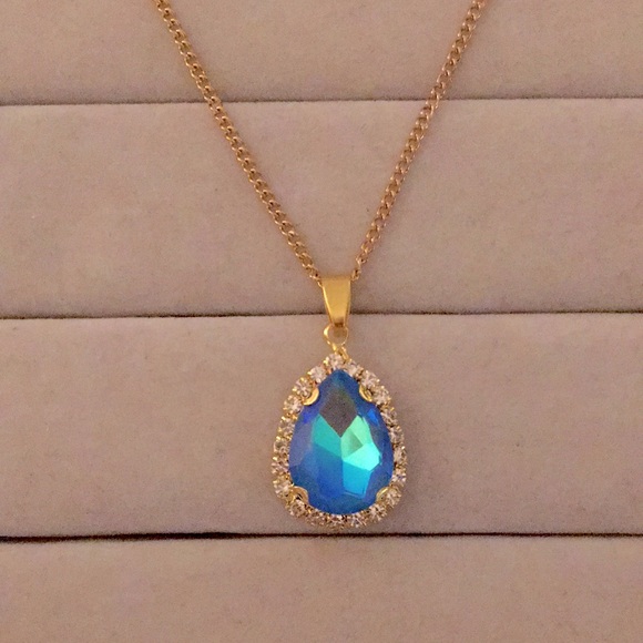 Jewelry - Sapphire Aurora Borealis + Gold Crystal Halo Drop Pendant Necklace